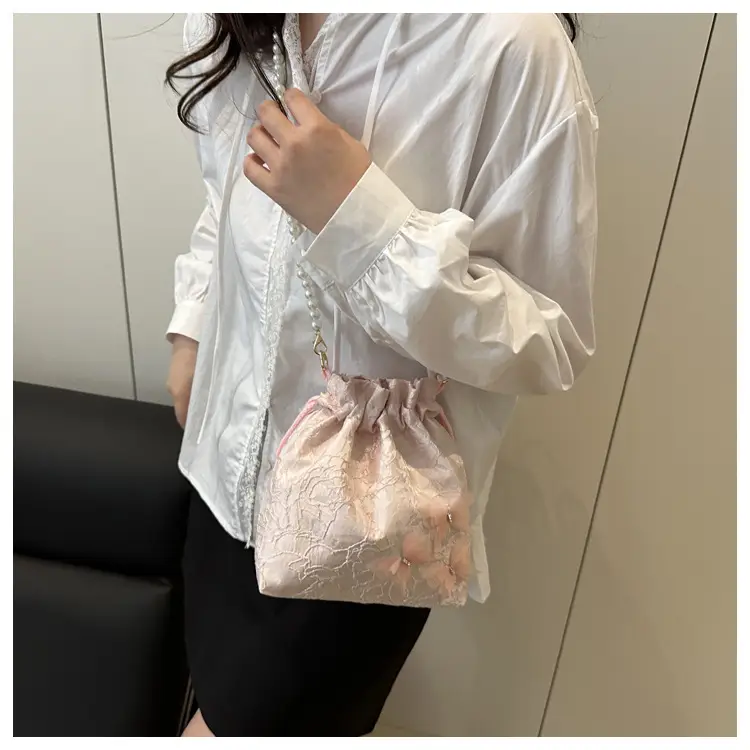 Gold Embroidered Pearl Bucket Bag for Women — feature 15