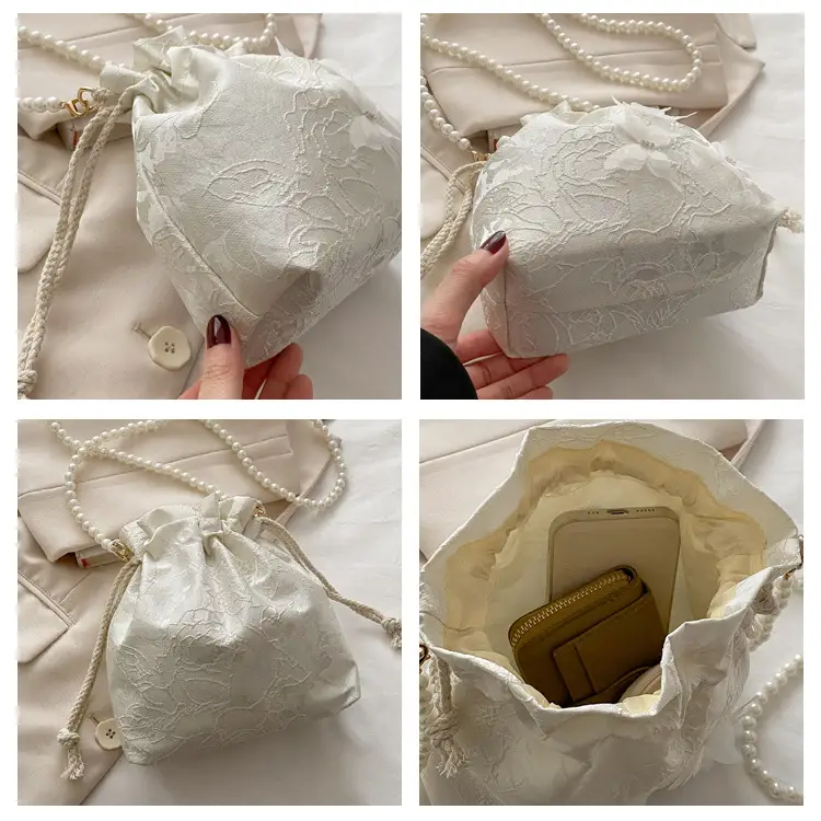 Gold Embroidered Pearl Bucket Bag for Women — feature 7