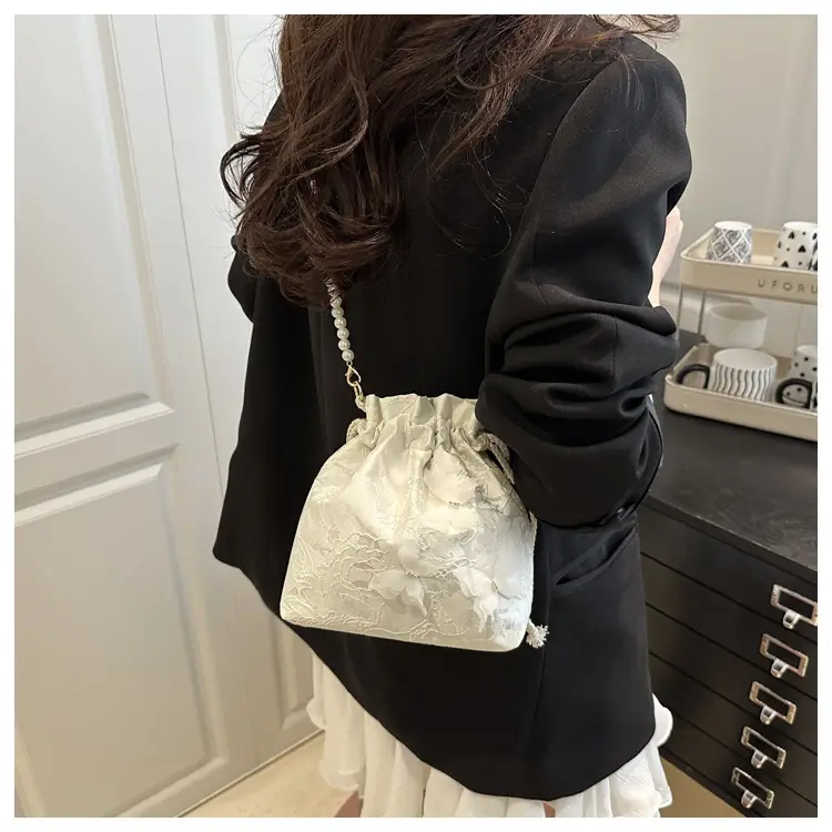 Gold Embroidered Pearl Bucket Bag for Women — feature 8