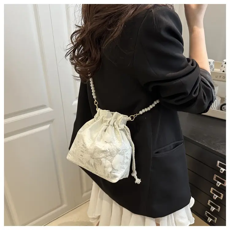 Gold Embroidered Pearl Bucket Bag for Women — feature 9