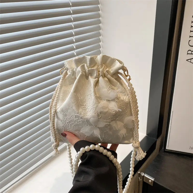 Gold Embroidered Pearl Bucket Bag for Women