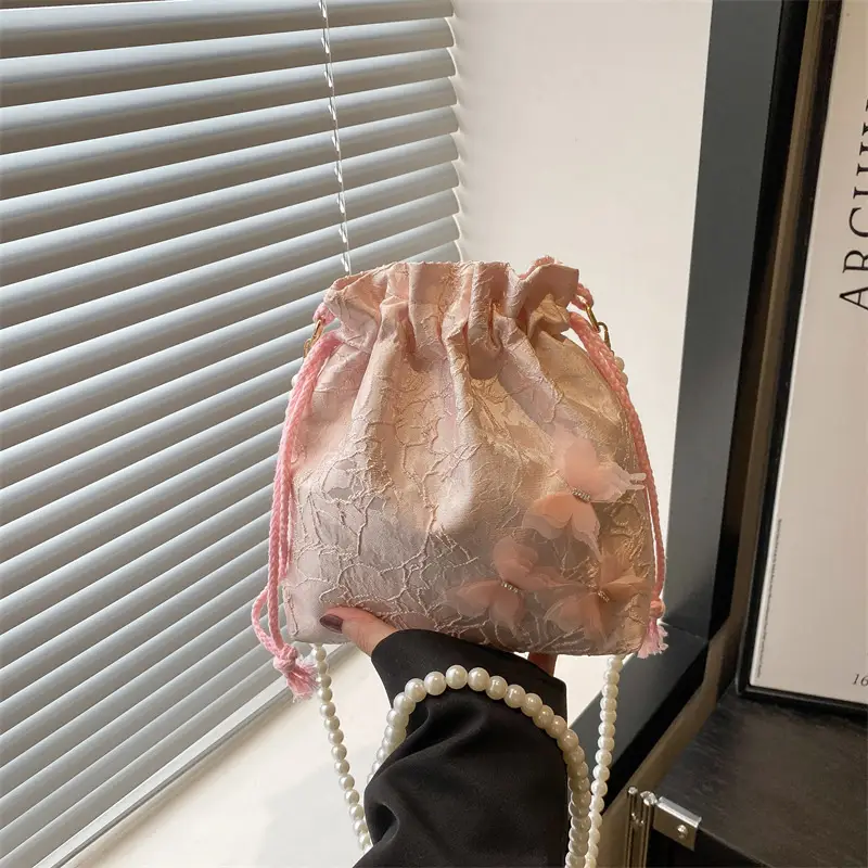 Gold Embroidered Pearl Bucket Bag for Women