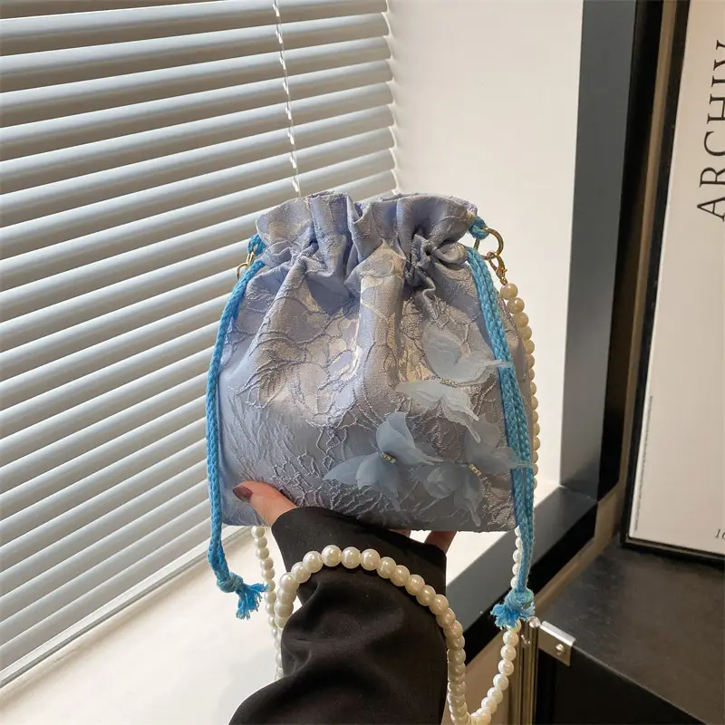 Gold Embroidered Pearl Bucket Bag for Women