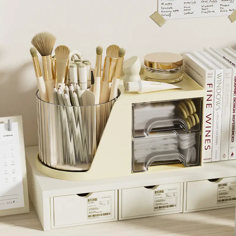 Rotating Cosmetic Brush Storage Cylinder for Desk