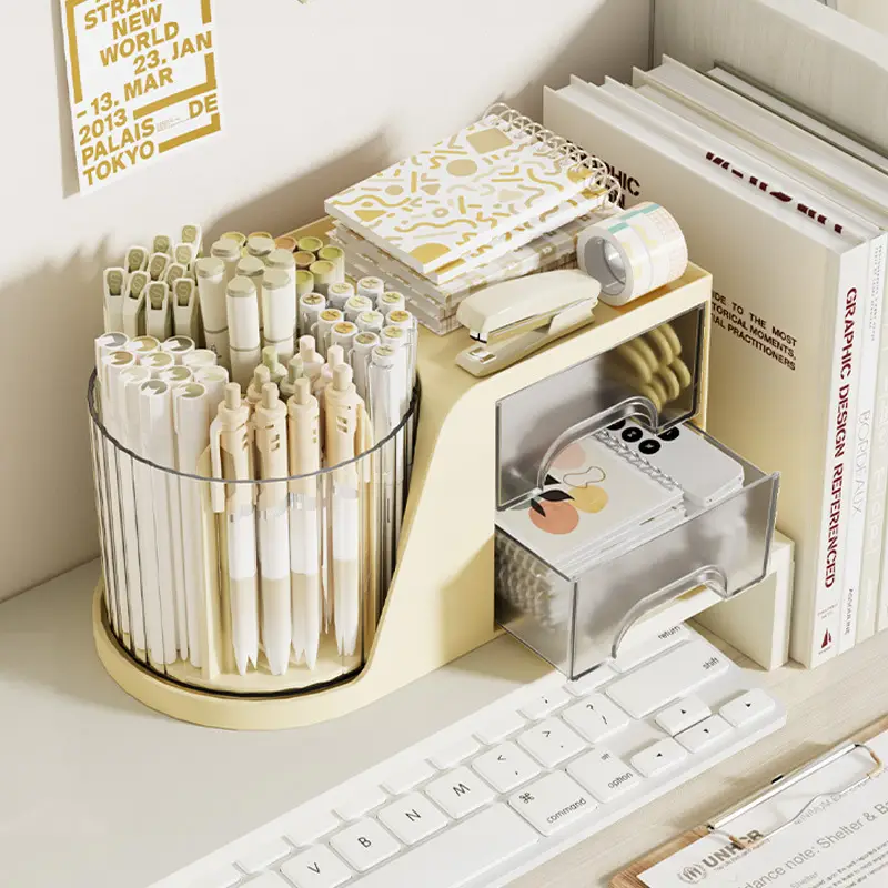 Rotating Cosmetic Brush Storage Cylinder for Desk