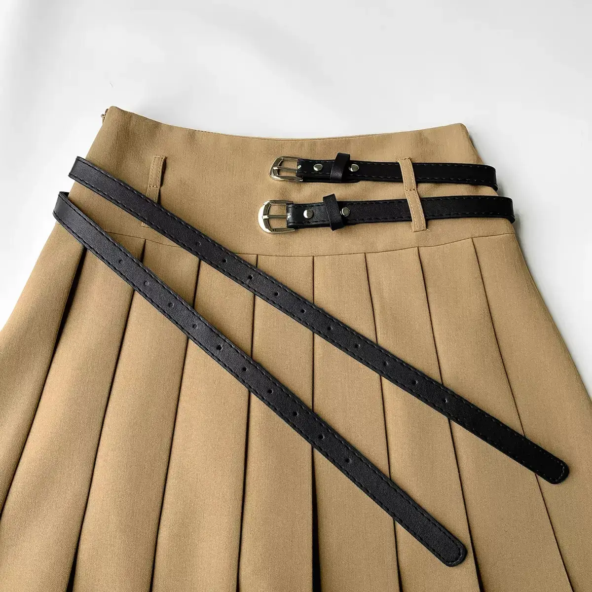 Women Pleated Skirt High Waist Belted Tan