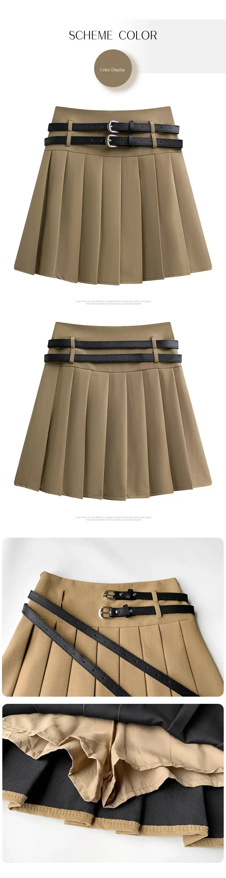 Women Pleated Skirt High Waist Belted Tan — feature 5