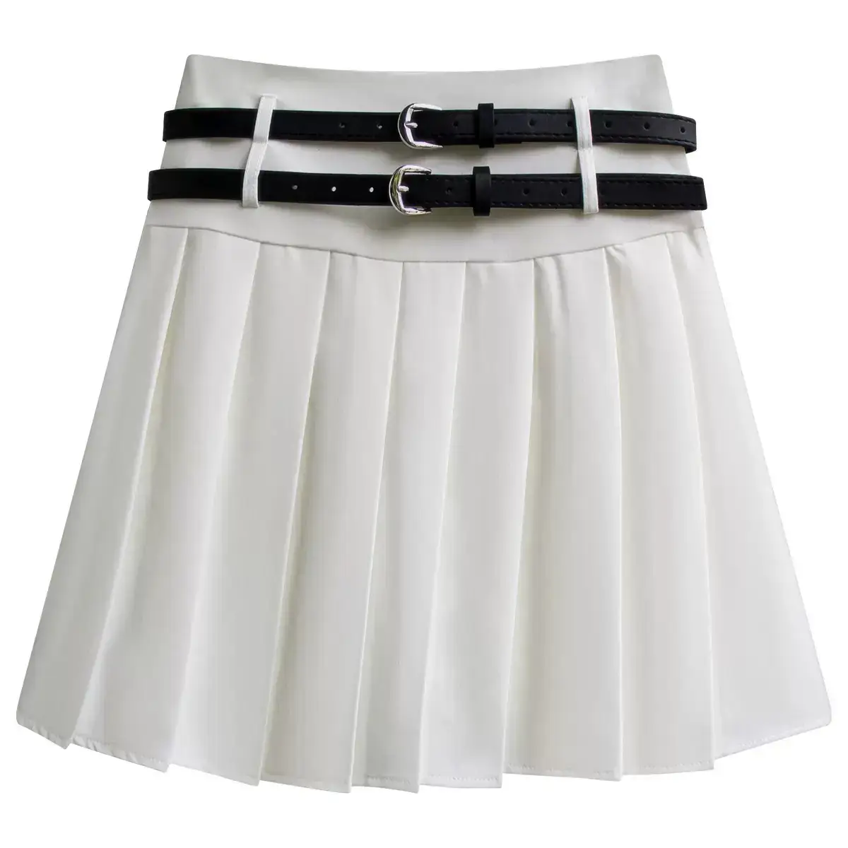 Women Pleated Skirt High Waist Belted Tan