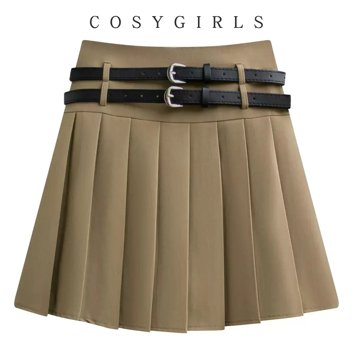 Women Pleated Skirt High Waist Belted Tan