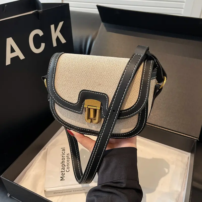 2025 Korean Style Pu Canvas Saddle Bag Contrasting Stitching - Image 4