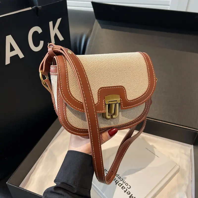 2025 Korean Style Pu Canvas Saddle Bag Contrasting Stitching - Image 5