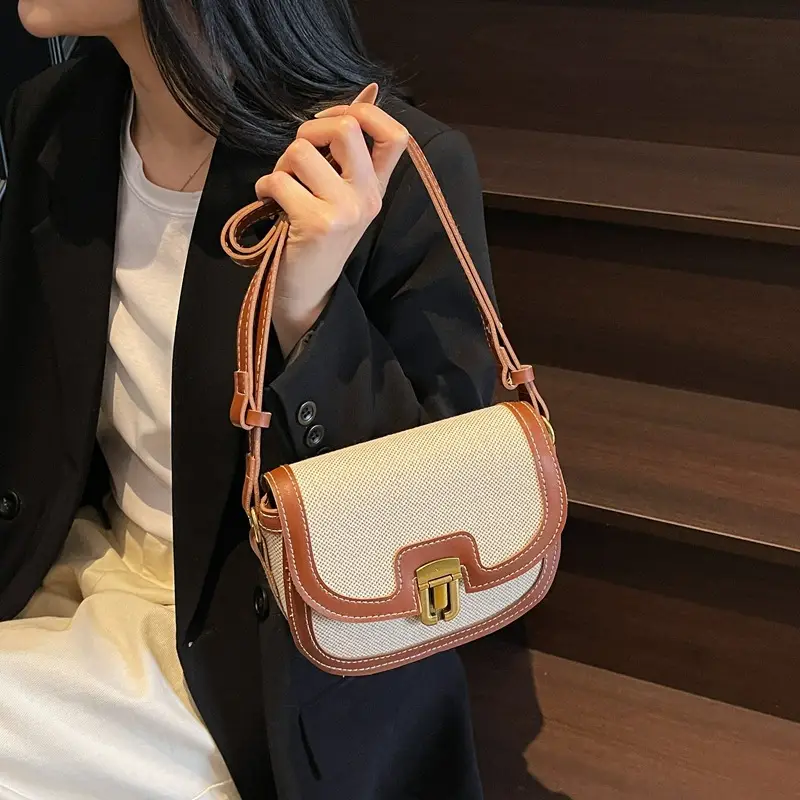 2025 Korean Style Pu Canvas Saddle Bag Contrasting Stitching - Image 6