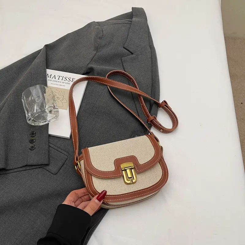 2025 Korean Style Pu Canvas Saddle Bag Contrasting Stitching - Image 2