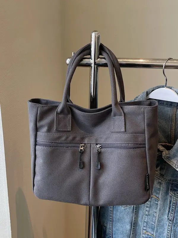 2025 Spring Canvas Zipper Shoulder Tote Bag Tan - Image 6