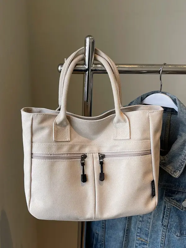 2025 Spring Canvas Zipper Shoulder Tote Bag Tan - Image 7