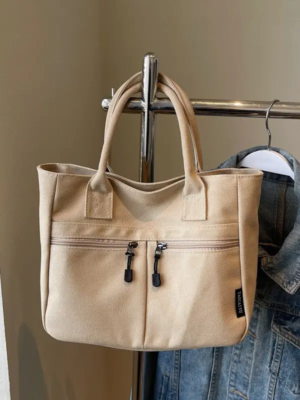 2025 Spring Canvas Zipper Shoulder Tote Bag Tan - Image 8