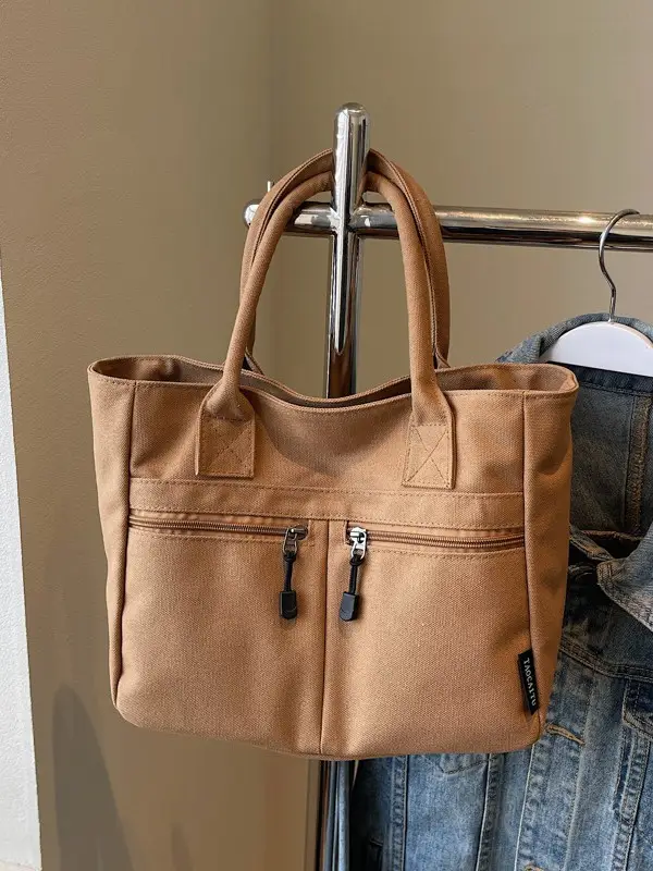 2025 Spring Canvas Zipper Shoulder Tote Bag Tan - Image 9