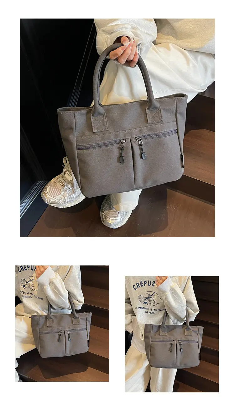2025 Spring Canvas Zipper Shoulder Tote Bag Tan — feature 1