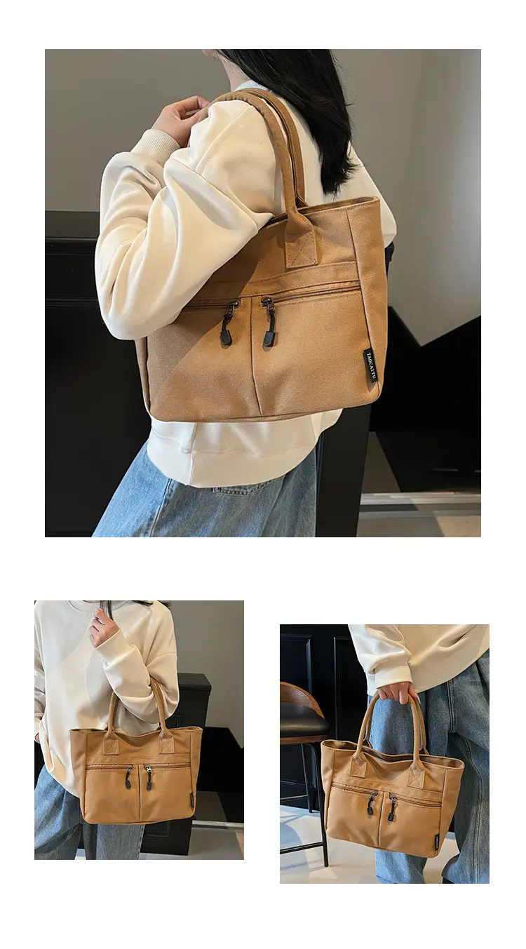 2025 Spring Canvas Zipper Shoulder Tote Bag Tan — feature 24