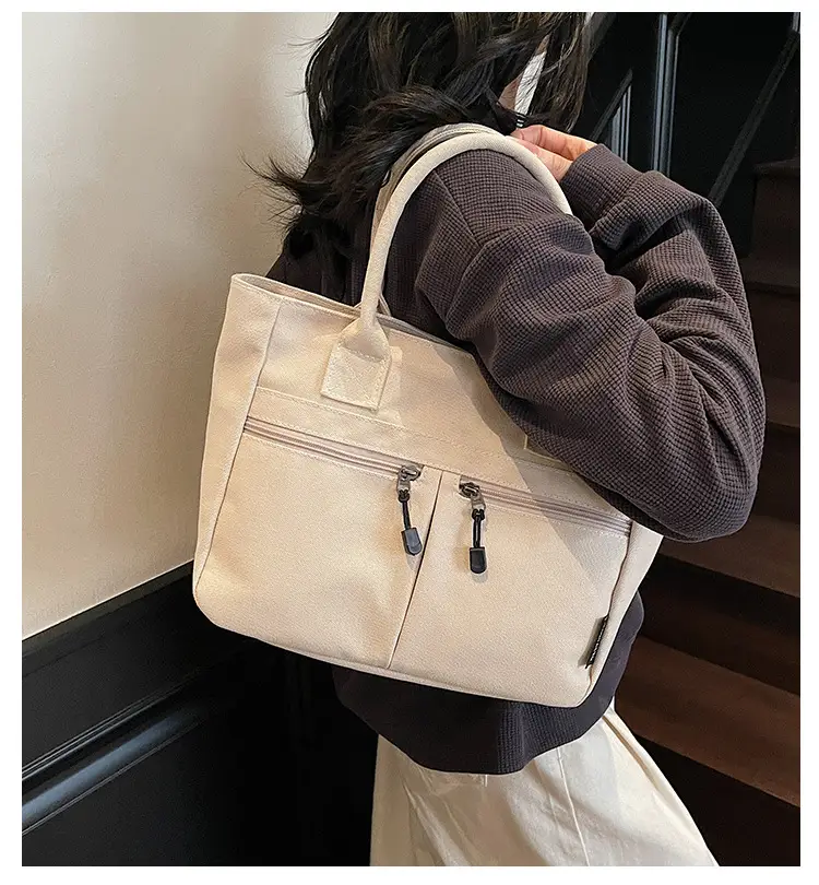 2025 Spring Canvas Zipper Shoulder Tote Bag Tan — feature 26