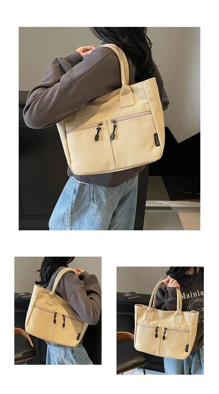 2025 Spring Canvas Zipper Shoulder Tote Bag Tan — feature 27
