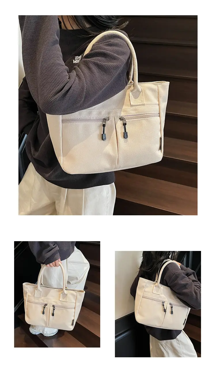 2025 Spring Canvas Zipper Shoulder Tote Bag Tan — feature 3