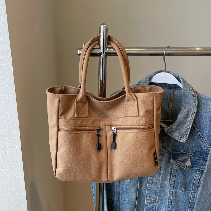2025 Spring Canvas Zipper Shoulder Tote Bag Tan — feature 36