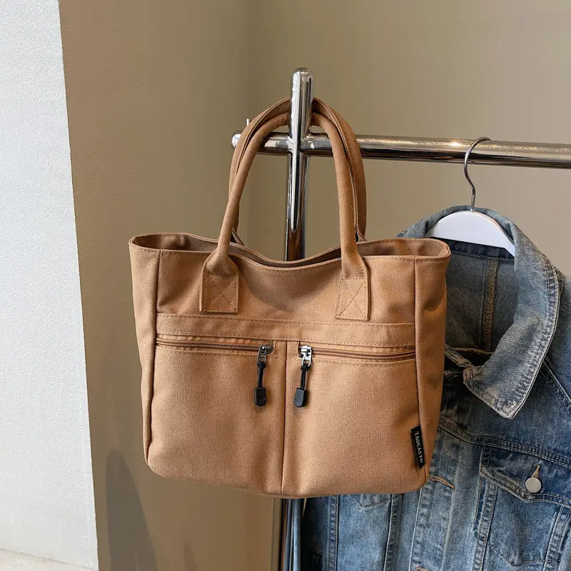 2025 Spring Canvas Zipper Shoulder Tote Bag Tan — feature 38