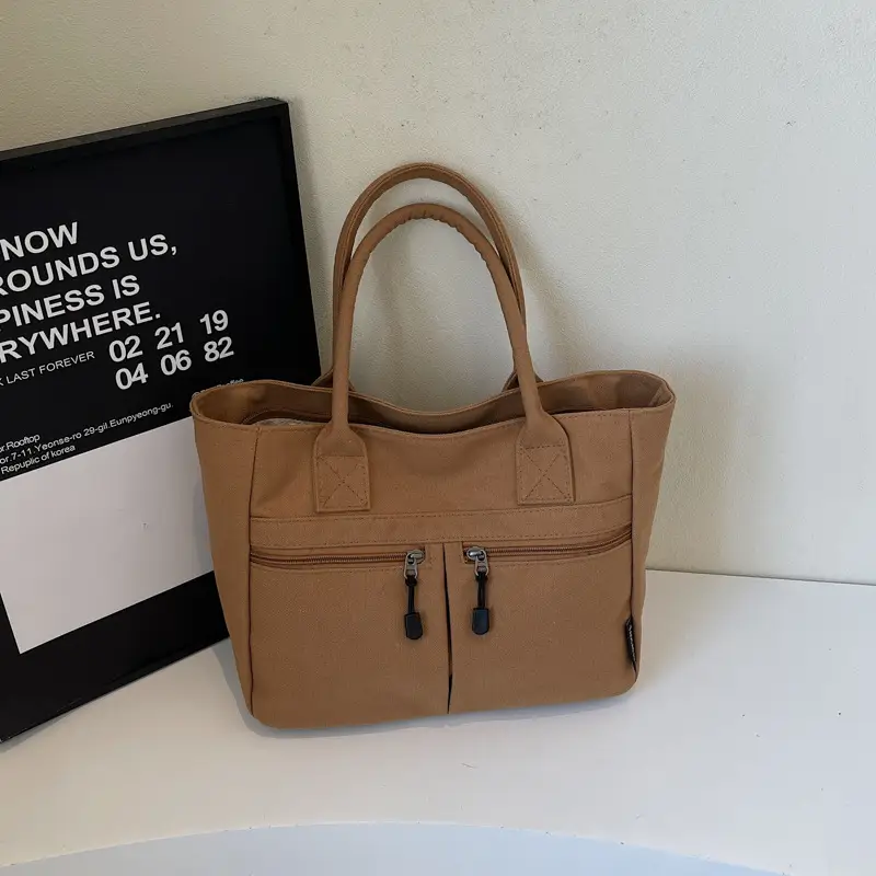 2025 Spring Canvas Zipper Shoulder Tote Bag Tan — feature 39