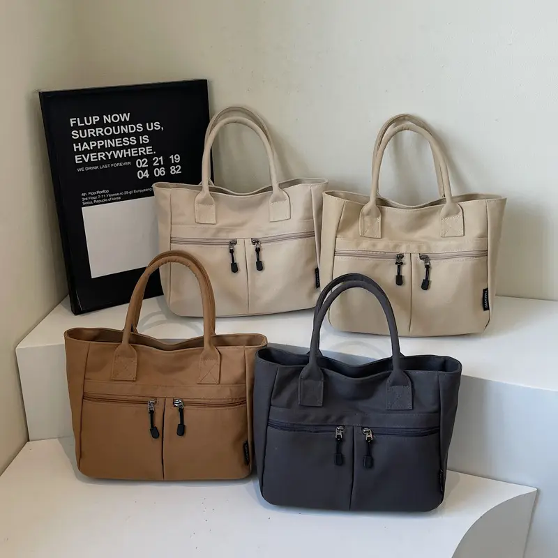 2025 Spring Canvas Zipper Shoulder Tote Bag Tan — feature 40