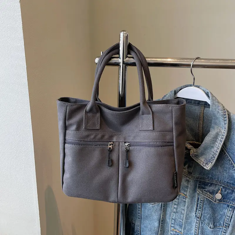 2025 Spring Canvas Zipper Shoulder Tote Bag Tan — feature 41