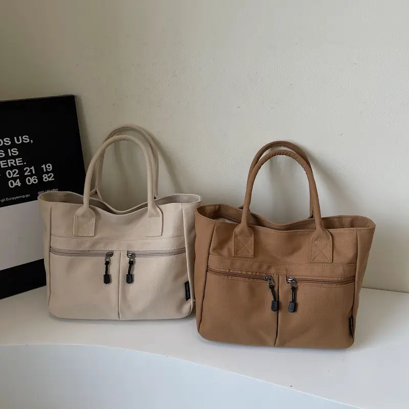 2025 Spring Canvas Zipper Shoulder Tote Bag Tan — feature 42