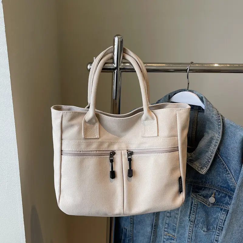 2025 Spring Canvas Zipper Shoulder Tote Bag Tan — feature 45