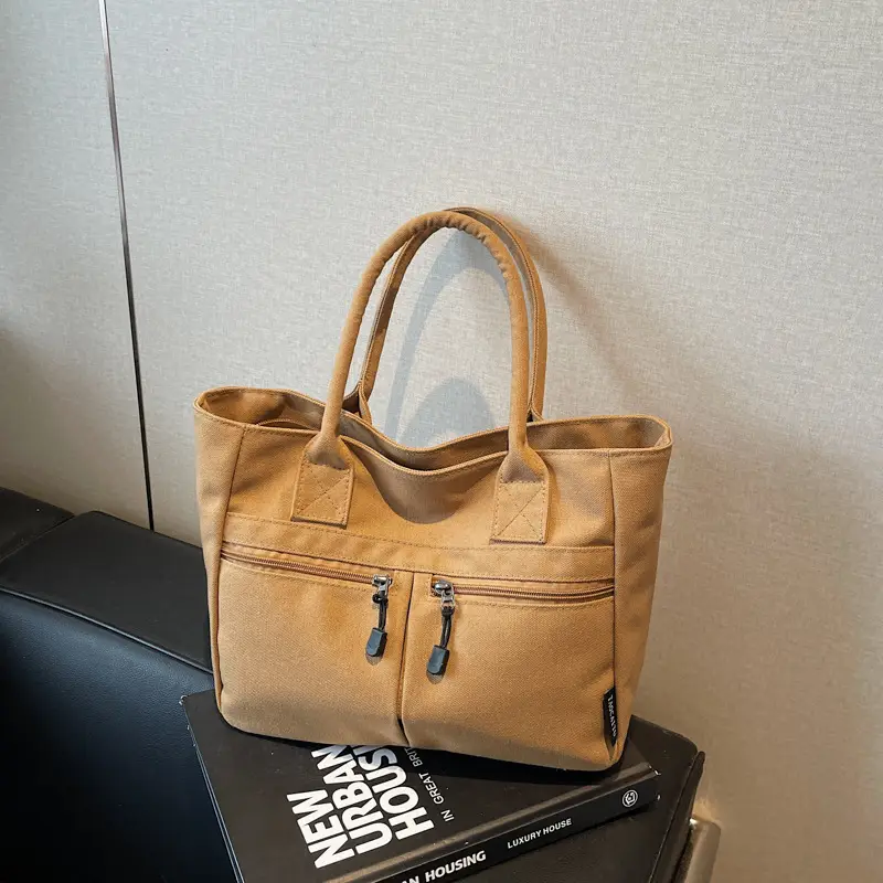 2025 Spring Canvas Zipper Shoulder Tote Bag Tan — feature 46
