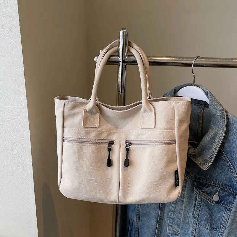 2025 Spring Canvas Zipper Shoulder Tote Bag Tan — feature 47