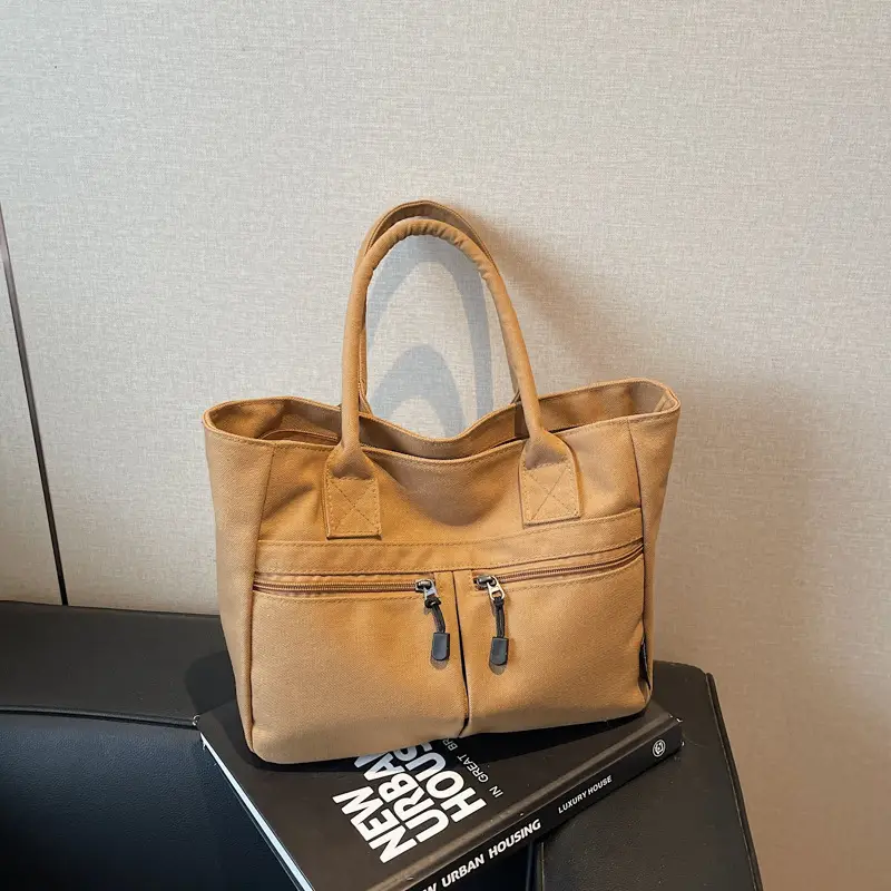 2025 Spring Canvas Zipper Shoulder Tote Bag Tan — feature 48