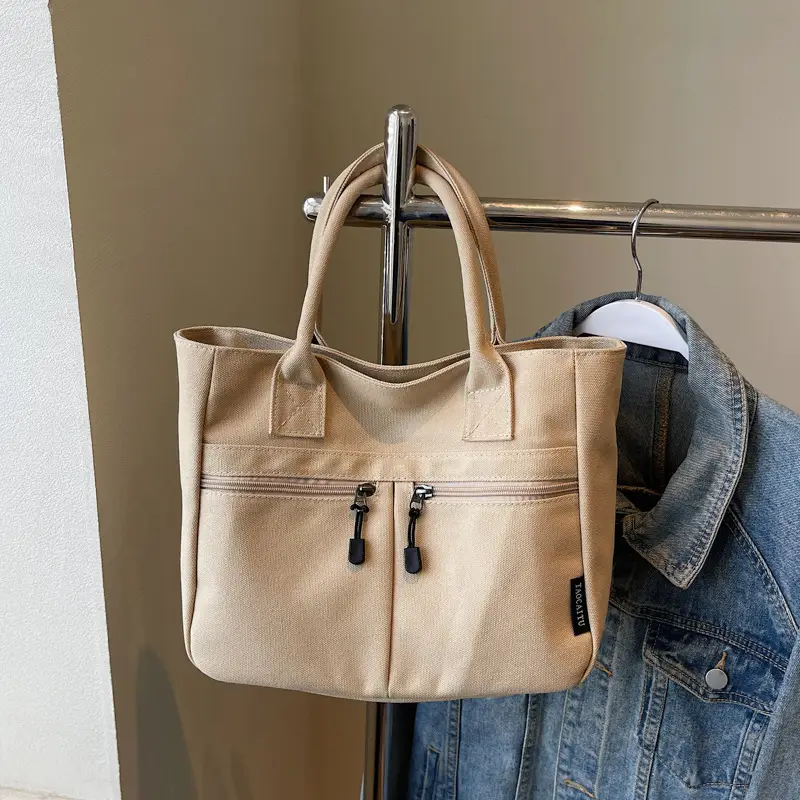 2025 Spring Canvas Zipper Shoulder Tote Bag Tan — feature 49