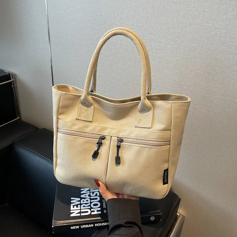 2025 Spring Canvas Zipper Shoulder Tote Bag Tan — feature 50