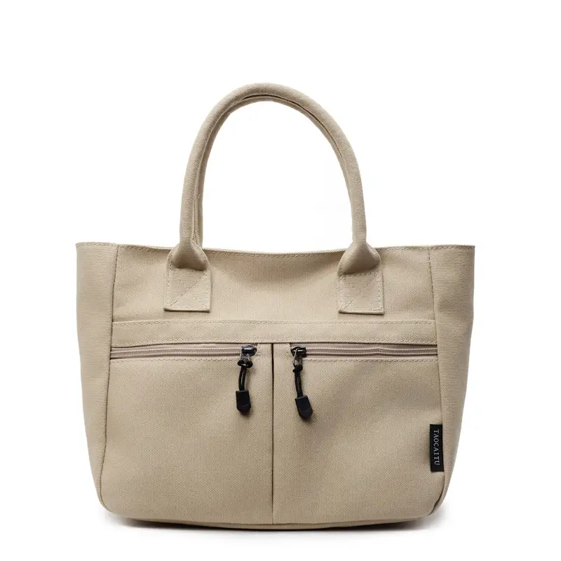 2025 Spring Canvas Zipper Shoulder Tote Bag Tan - Image 3