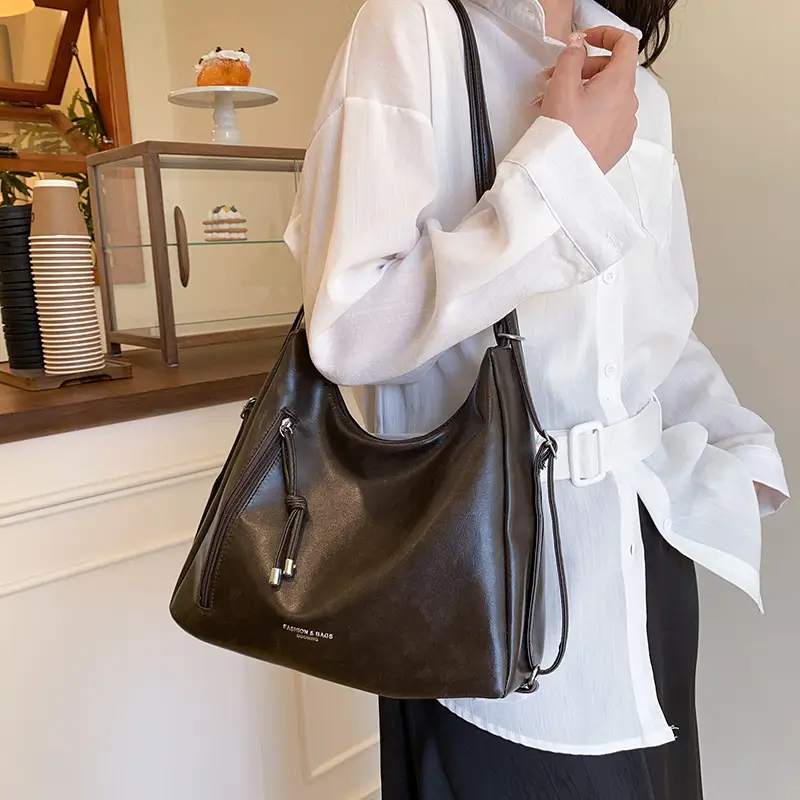 Women's 2-Piece Leather Shoulder Bags Brown Black - Image 5