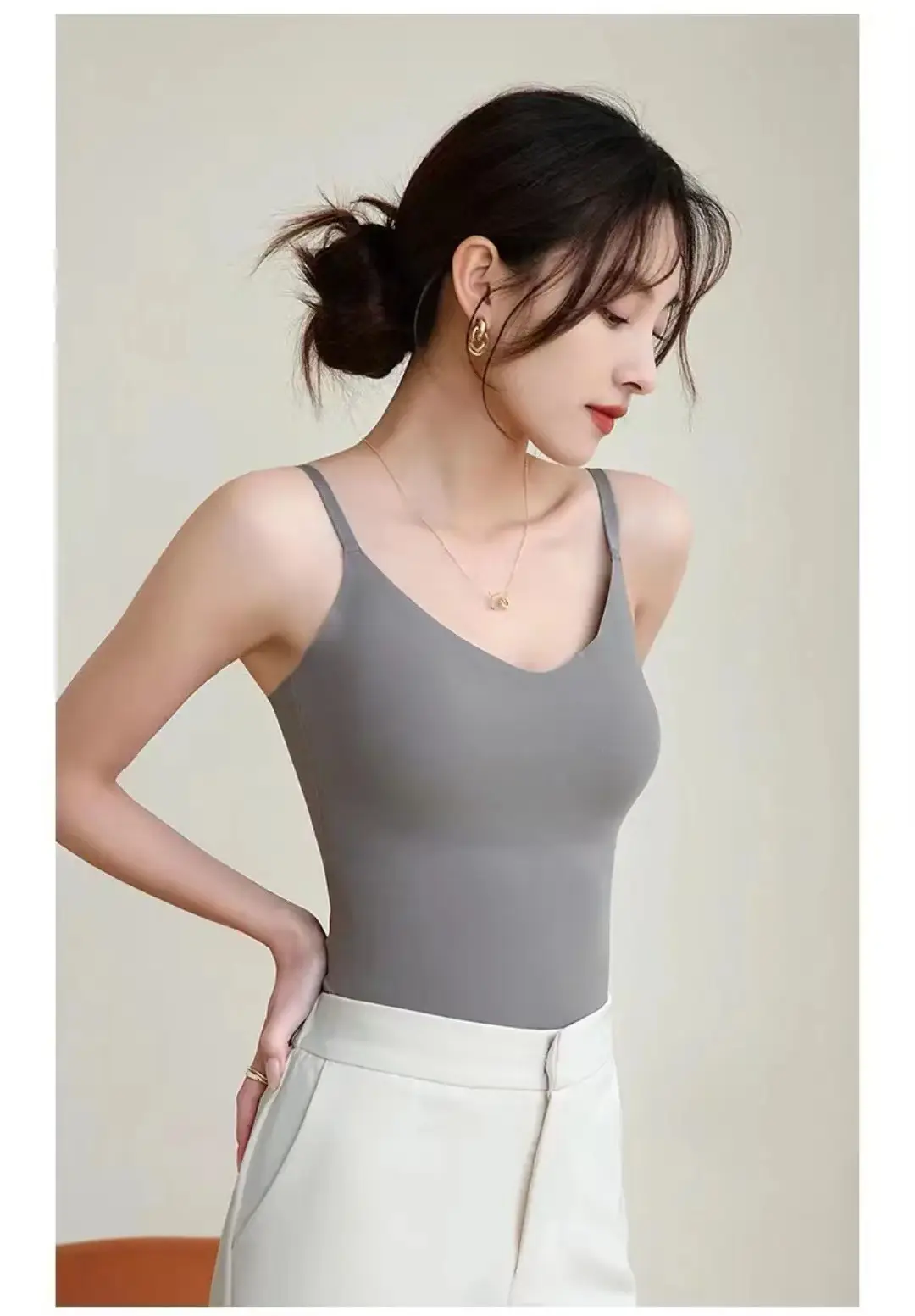 Camisole 6617 Base Top for Women with Chest Pads, Seamless Air Cup, Ice Silk, Beautiful Back, Slim Long Style for Women — feature 12