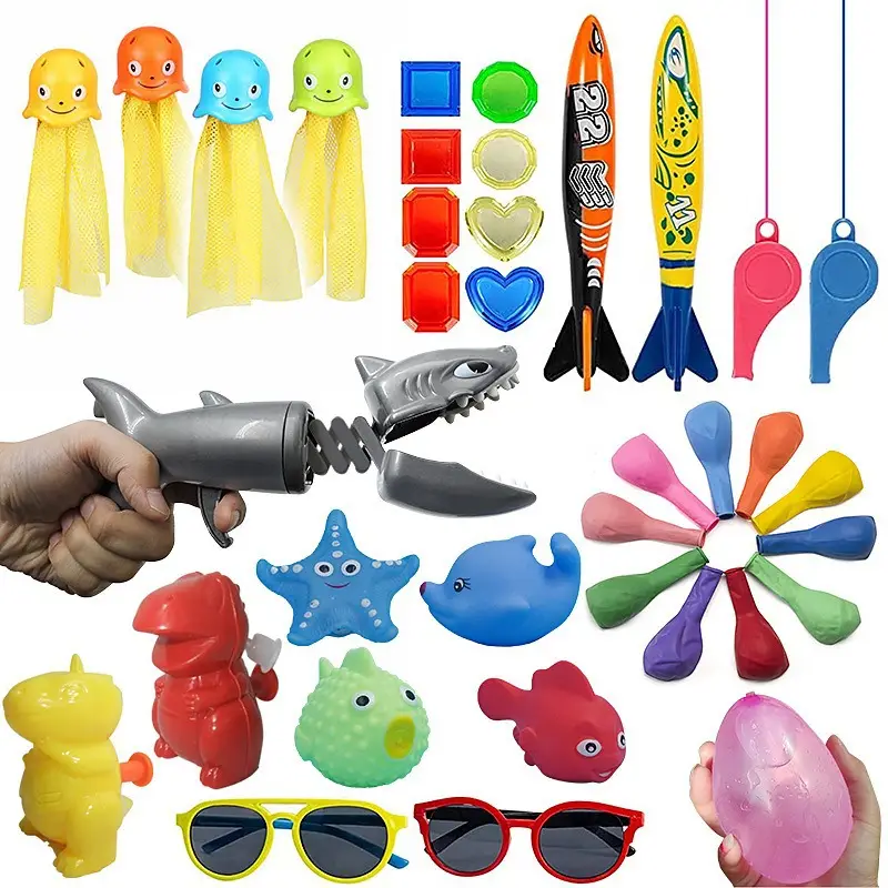 Cross Border Summer Diving Toy Combination Children's Swimming Pool Treasure Hunt Water Shark Spring Clip Gem Torpedo — feature 11