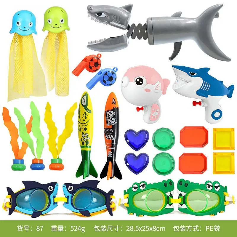 Cross Border Summer Diving Toy Combination Children's Swimming Pool Treasure Hunt Water Shark Spring Clip Gem Torpedo — feature 5
