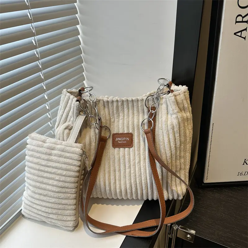 Trendy Women's Beige Faux Fur Shoulder Bag with Crossbody Strap - Image 4