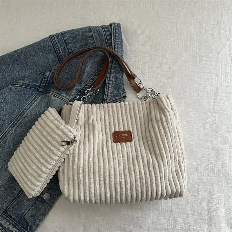 Trendy Women's Beige Faux Fur Shoulder Bag with Crossbody Strap - Image 2