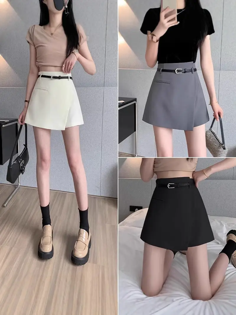 2025 Women's Grey Pleated Belted Shorts Set - Image 6
