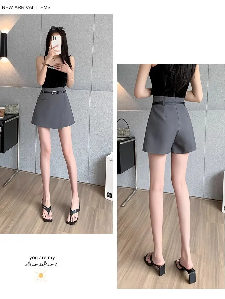 2025 Women's Grey Pleated Belted Shorts Set — feature 26