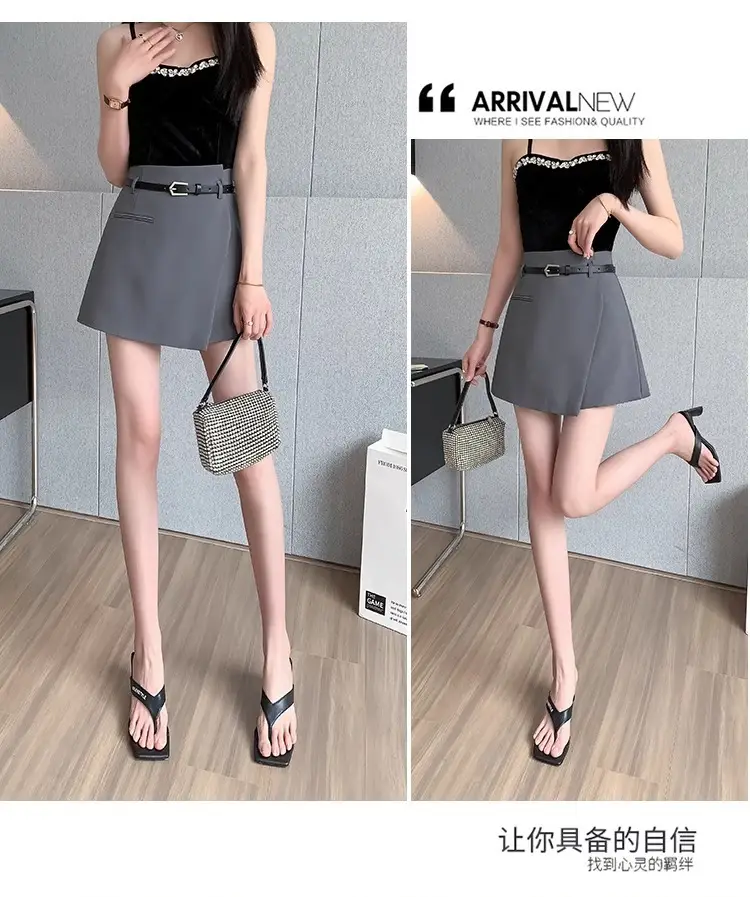 2025 Women's Grey Pleated Belted Shorts Set — feature 31