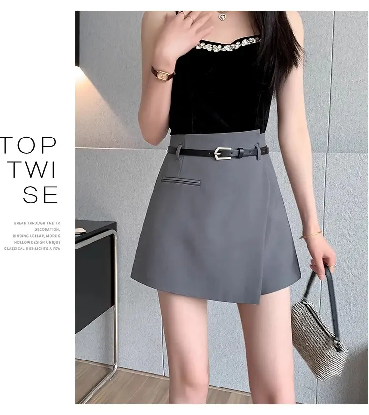 2025 Women's Grey Pleated Belted Shorts Set — feature 32