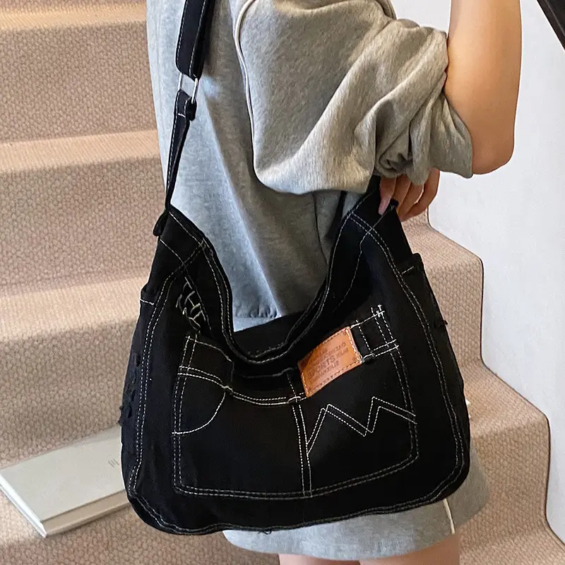 Vintage Denim Tote Bag Black 2025 Summer Work Commuter - Image 4